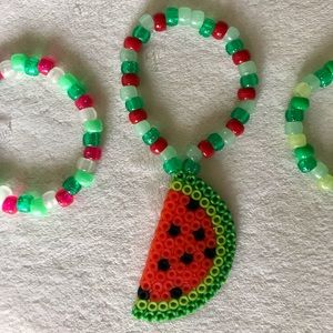 Handmade Kandi Bracelet Set – Watermelon Glow Beaded Trio | Rave Festival EDM PL